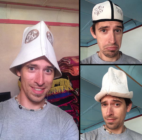 Myke sampling Kyrgyz hats